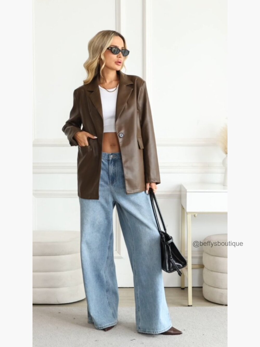 Oversized Faux Leather Bomber Blazer Jacket Button Down Lapel Coat - Picture 7 of 7